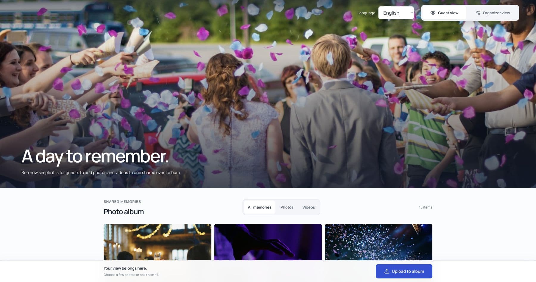 Evental demo showing a shared photo album with sample wedding images