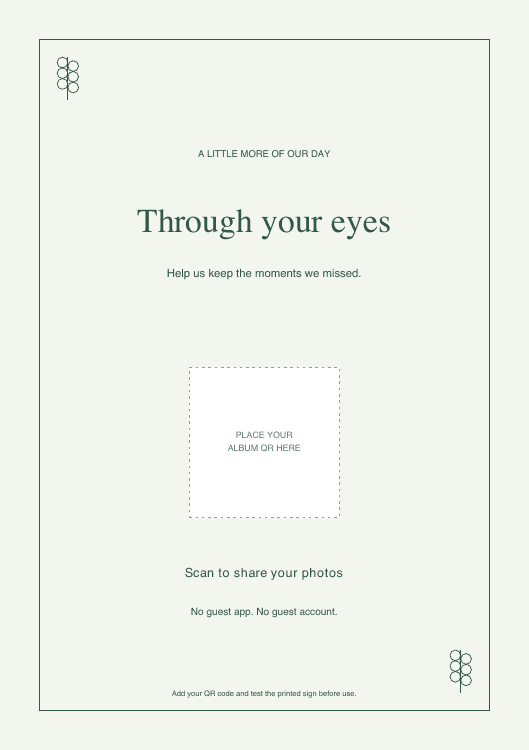 Botanical wedding photo sign template with an empty QR placement area