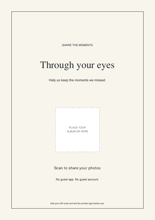 Editorial wedding photo sign template with an empty QR placement area